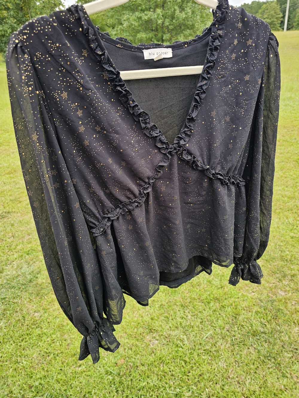 Blu Pepper Black Sheer Ruffle Blouse with Metallic Gold Stars